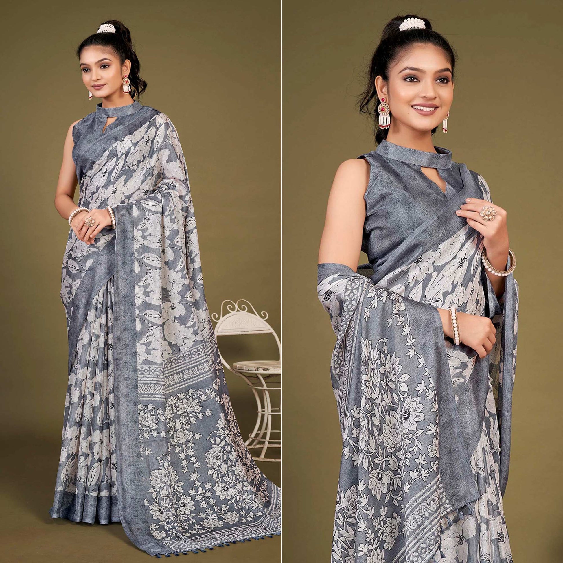 grey-floral-printed-jute-saree-with-tassels