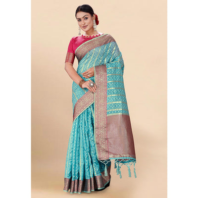 Blue Woven Organza Saree With Tassels