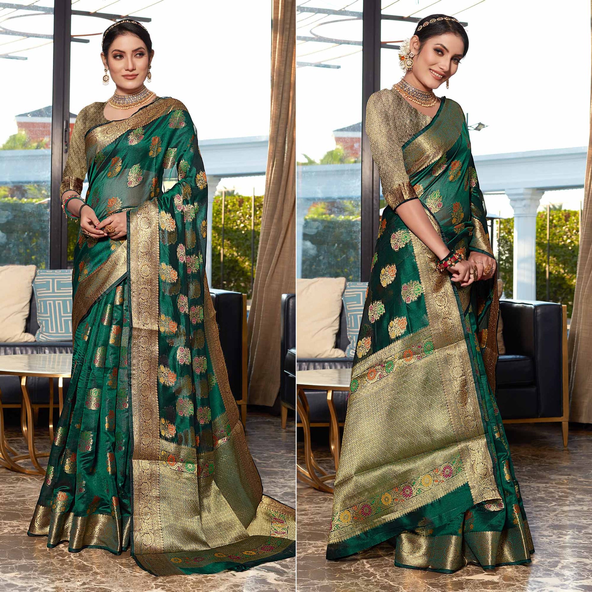 a-green-floral-woven-organza-saree