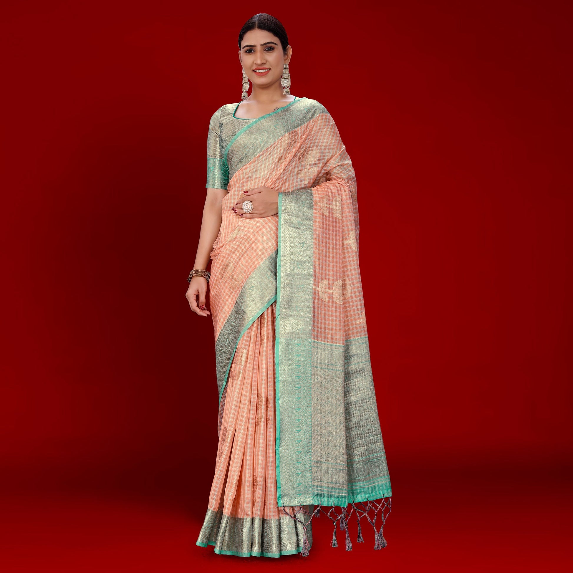 Dark Peach Floral Woven Organza Saree With Tassels