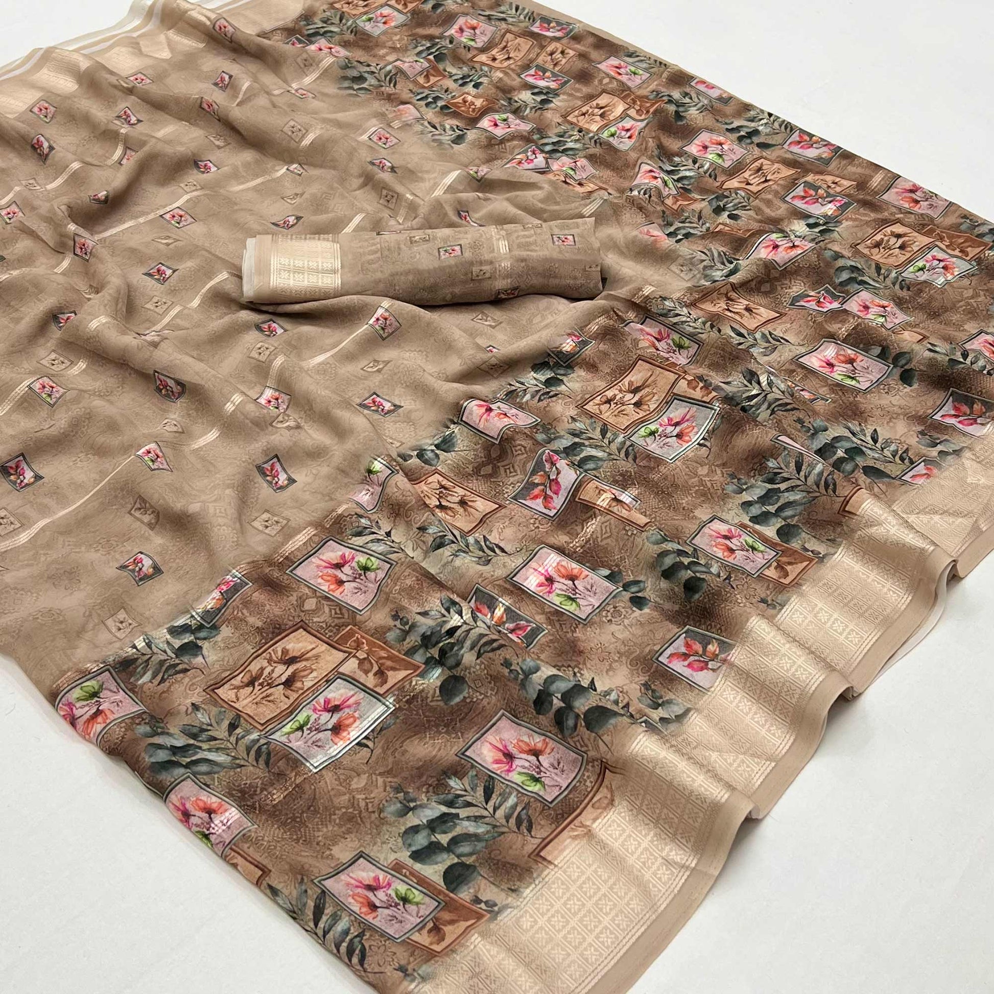 Brown Digital Printed Viscose Saree