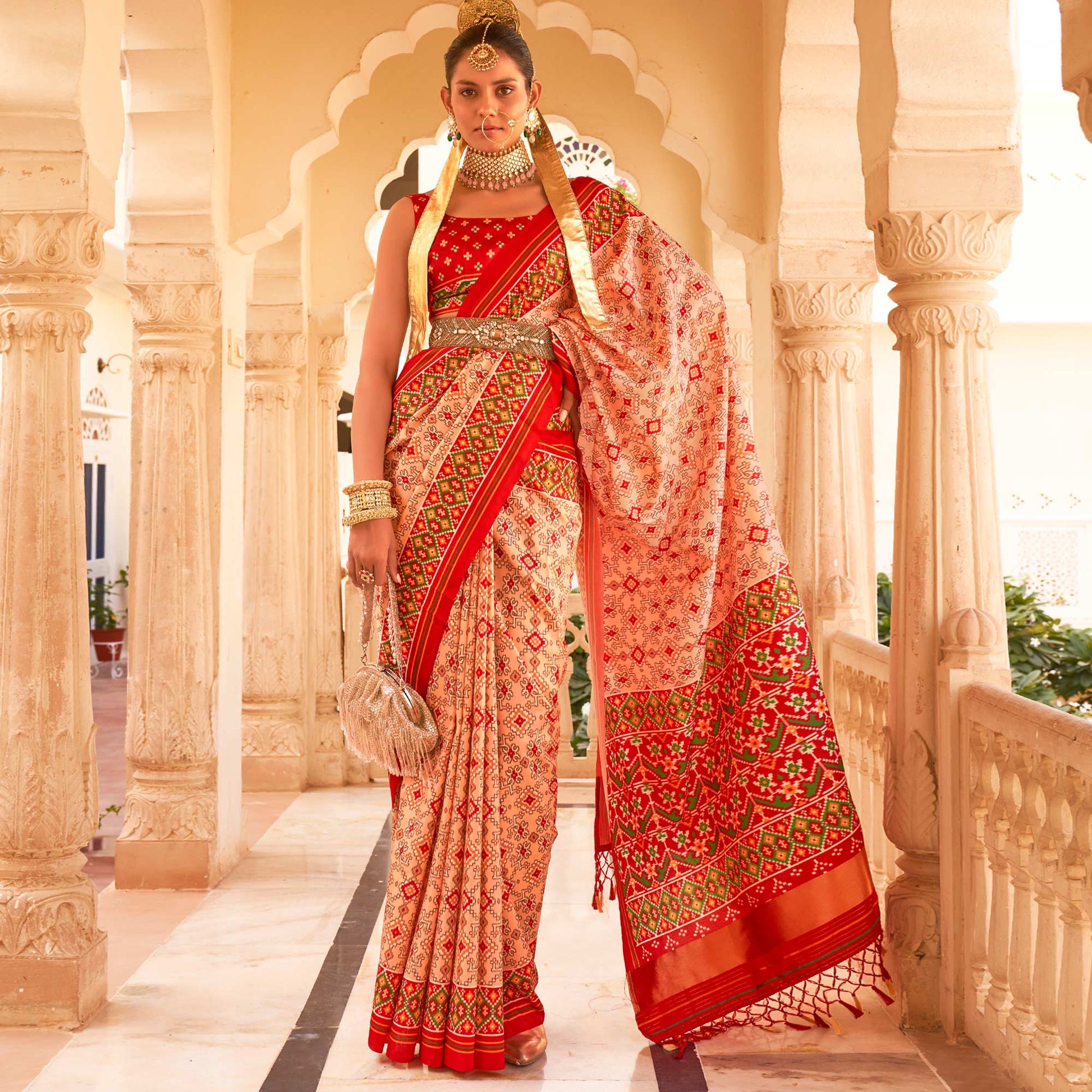 Light Peach & Red Printed Tussar Silk Saree With Tassels