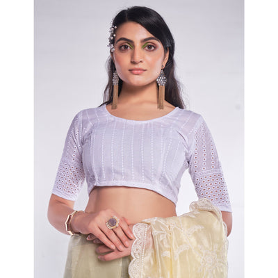 Light Yellow Floral Embroidered Organza Saree