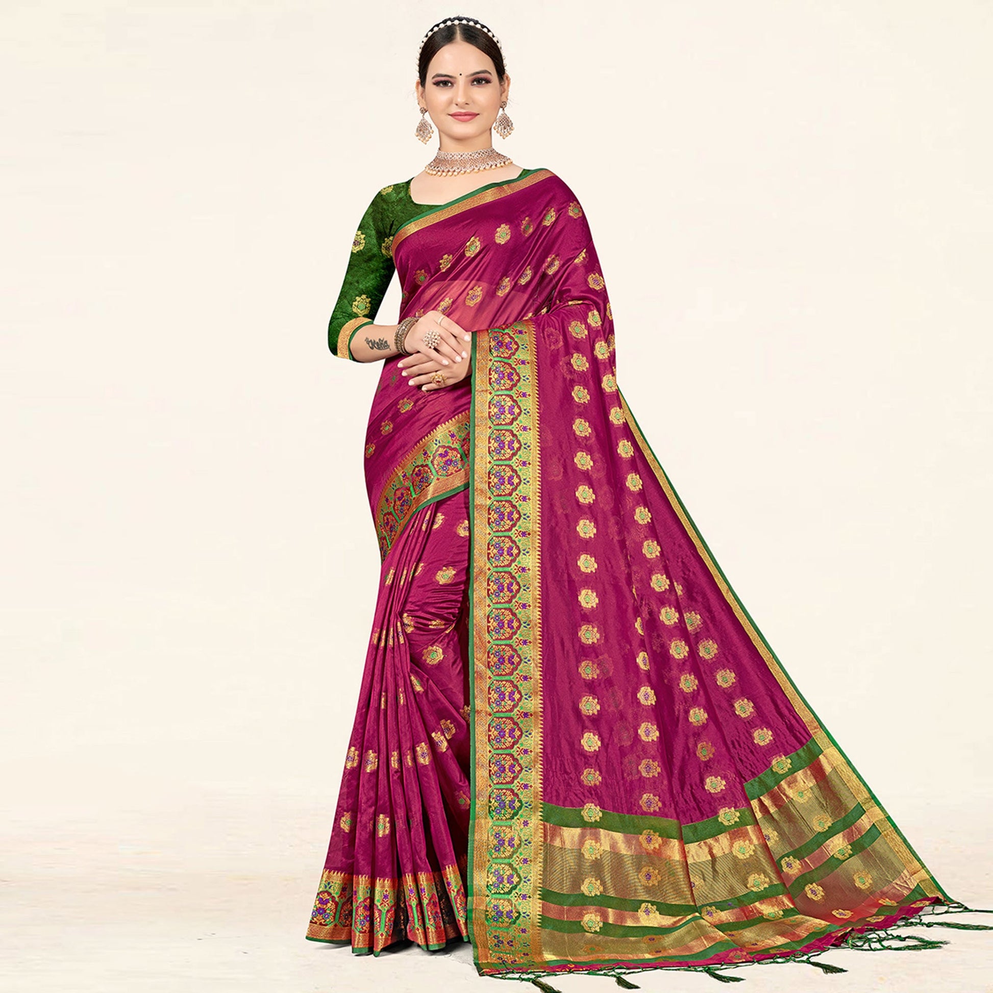 Magenta Pink Woven Organza Saree With Tassels