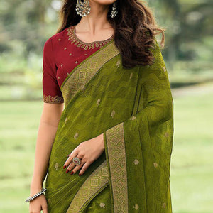 Mehendi Green Foil Printed Chiffon Saree