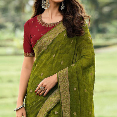 Mehendi Green Foil Printed Chiffon Saree