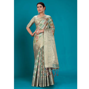 Blue Woven Organza Saree With Tassels