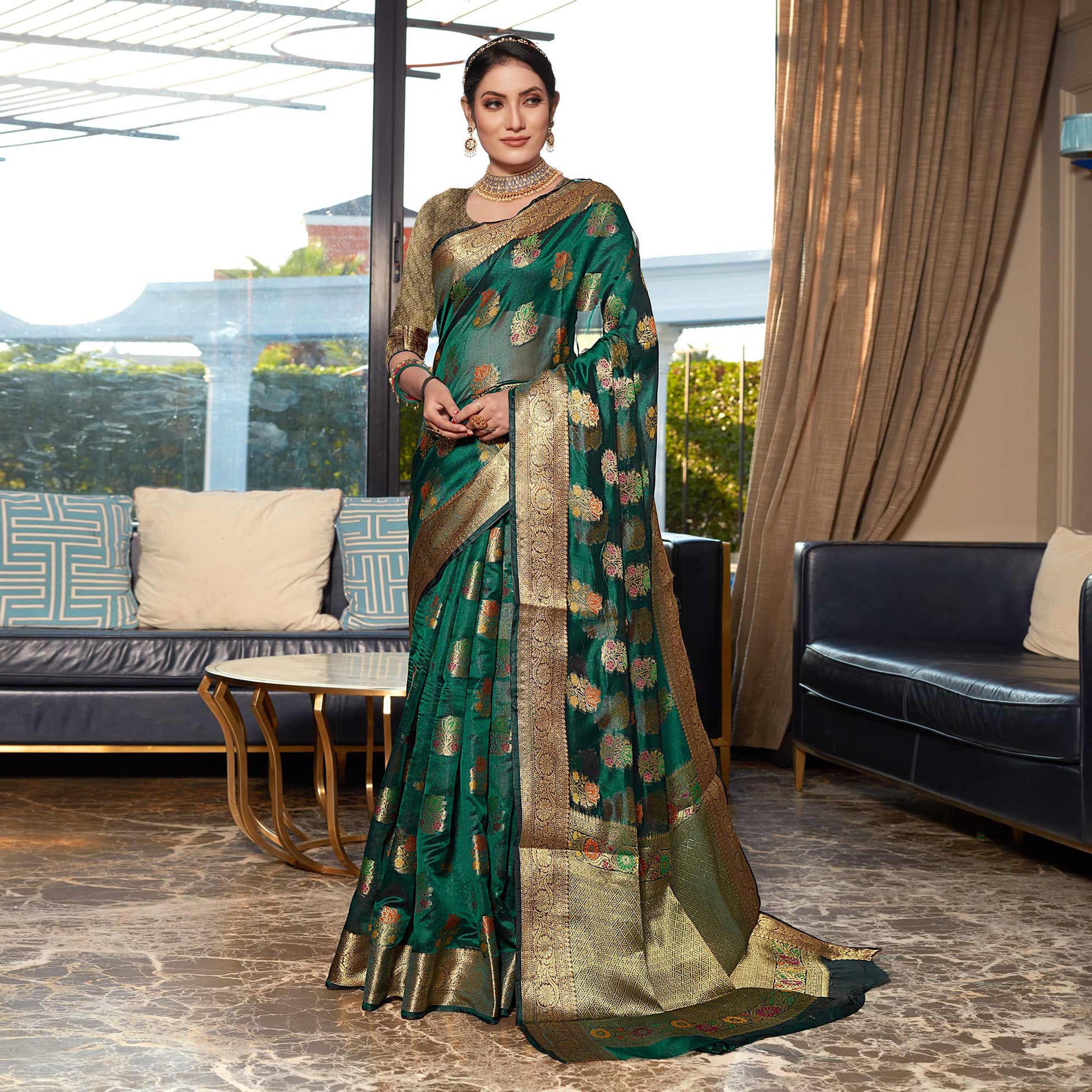 a-green-floral-woven-organza-saree