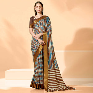 Brown Printed Dola Silk Saree With Tassels