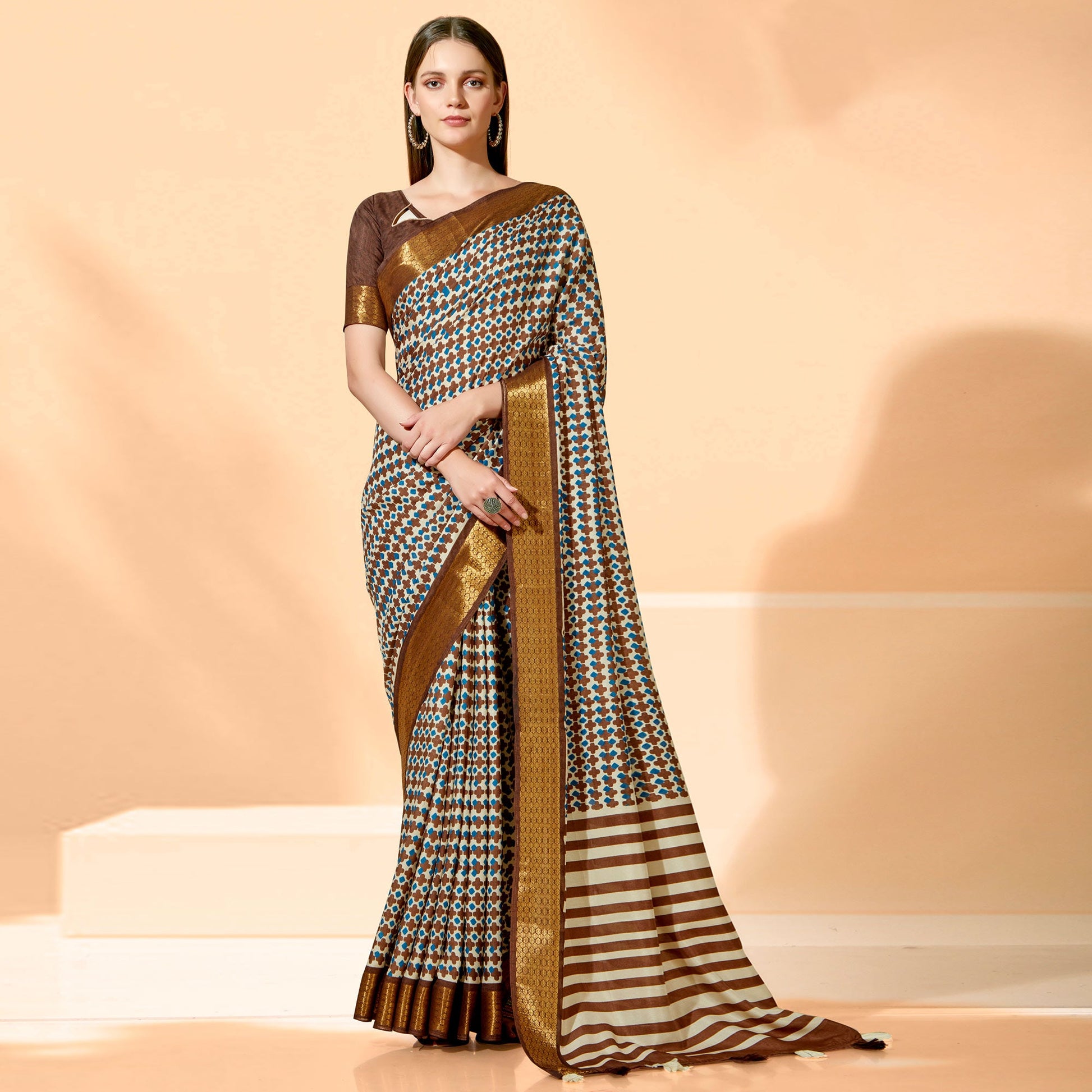 Brown Printed Dola Silk Saree With Tassels
