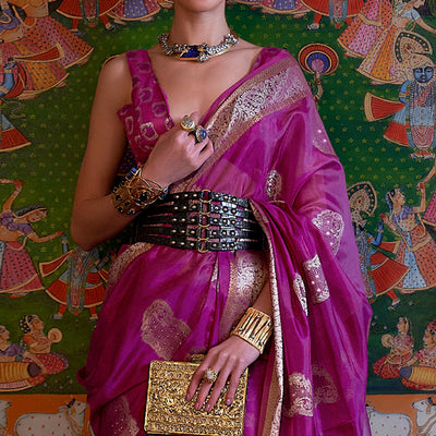 Magenta Purple Woven Organza Saree With Tassels