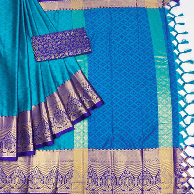 Blue Woven Cotton Silk Saree With Tassels