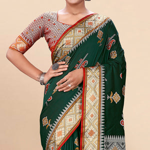 Dark Green Woven Patola Art Silk Saree With Tassels