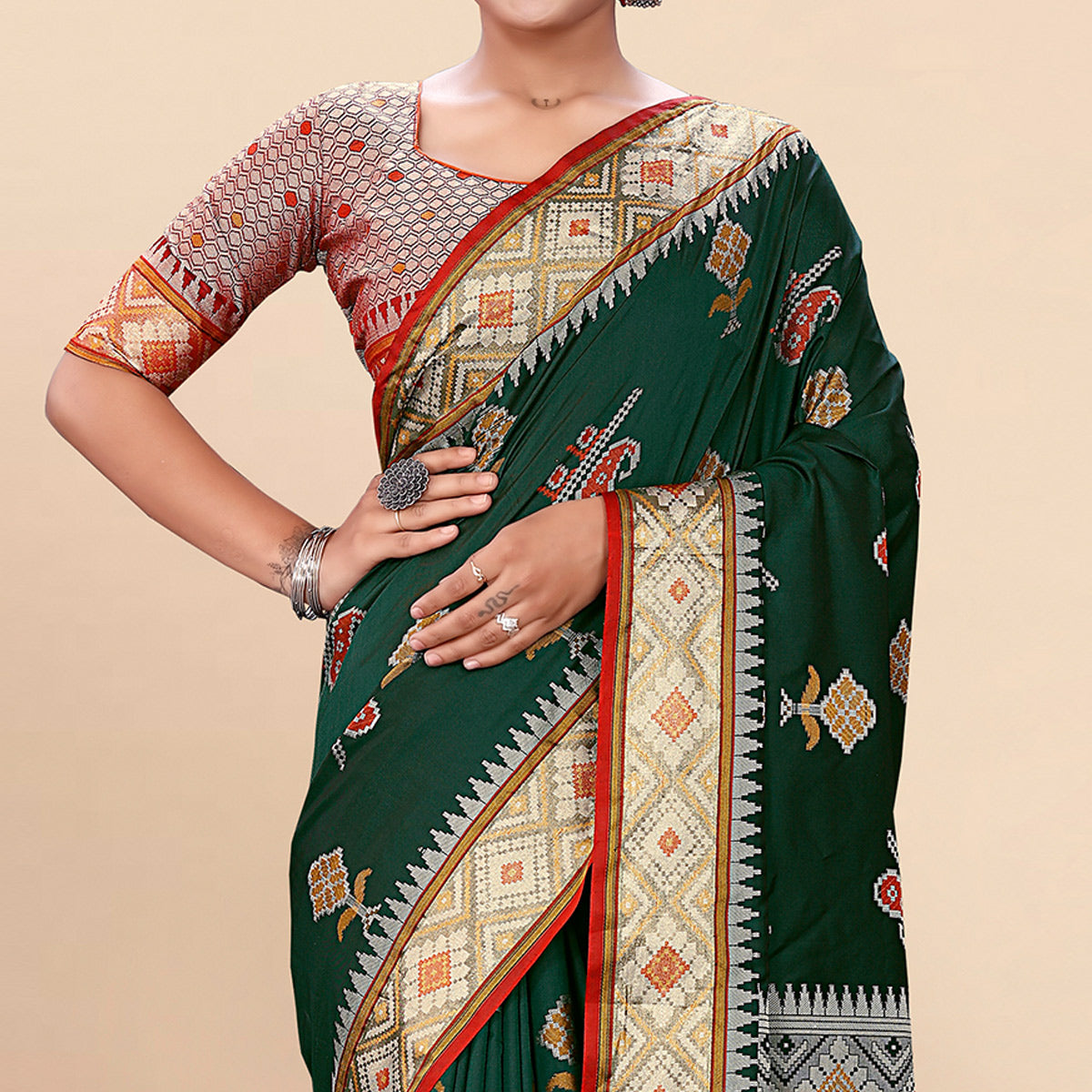 Dark Green Woven Patola Art Silk Saree With Tassels