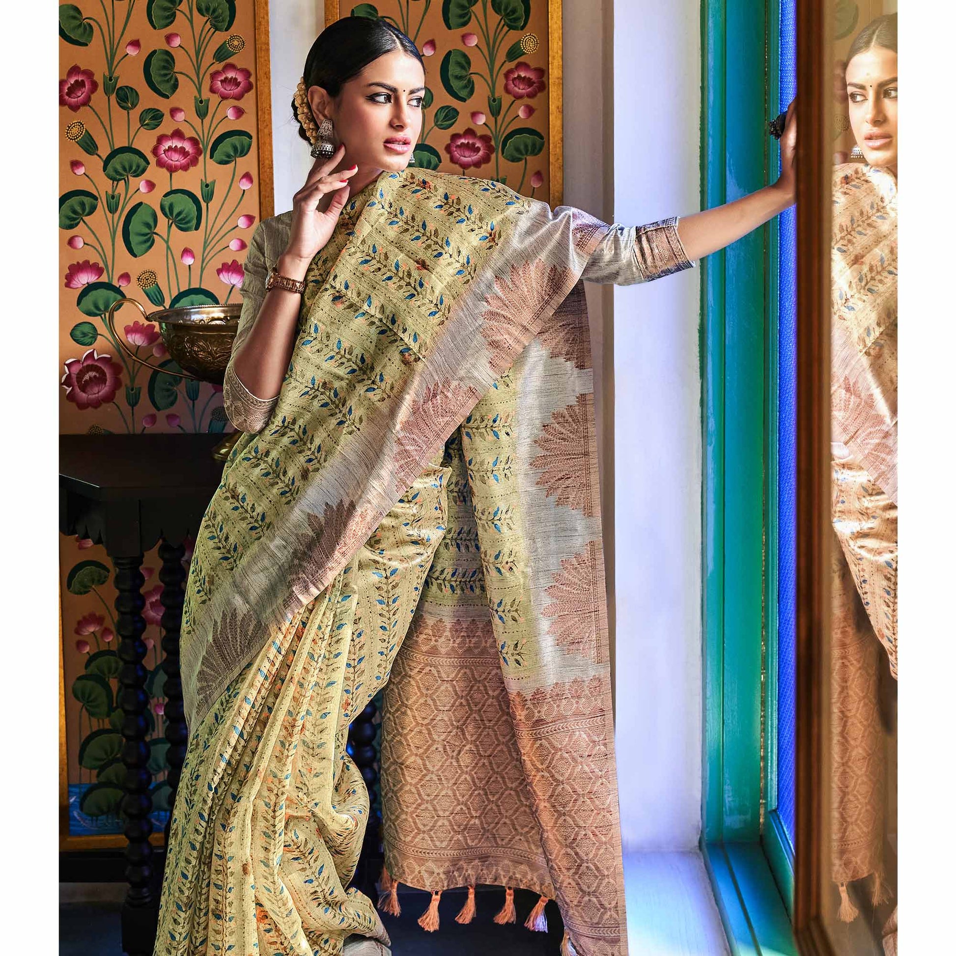 a-green-digital-printed-raw-silk-saree-with-tassels