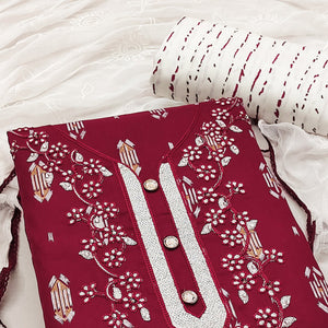 Maroon Printed With Embroidered Rayon Dress Material