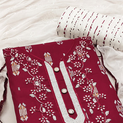 Maroon Printed With Embroidered Rayon Dress Material
