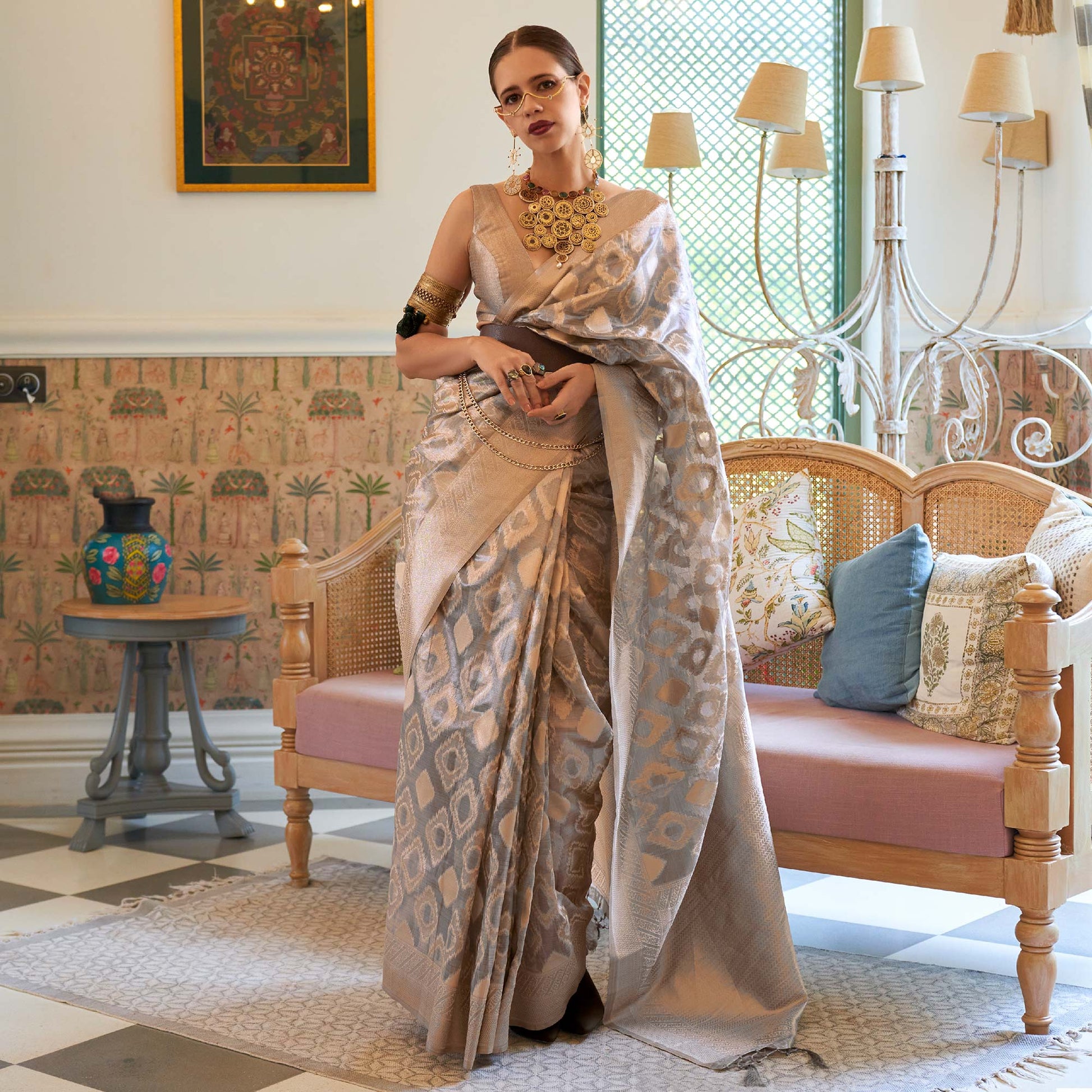 Grey Woven Art Silk Saree With Tassels