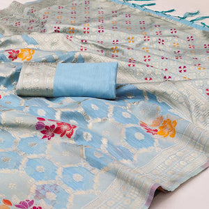 Blue Woven Jacquard Saree With Tassels