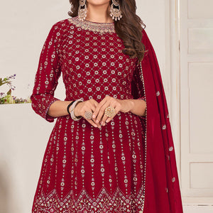 Maroon Sequins Embroidered Georgette Sharara Suit