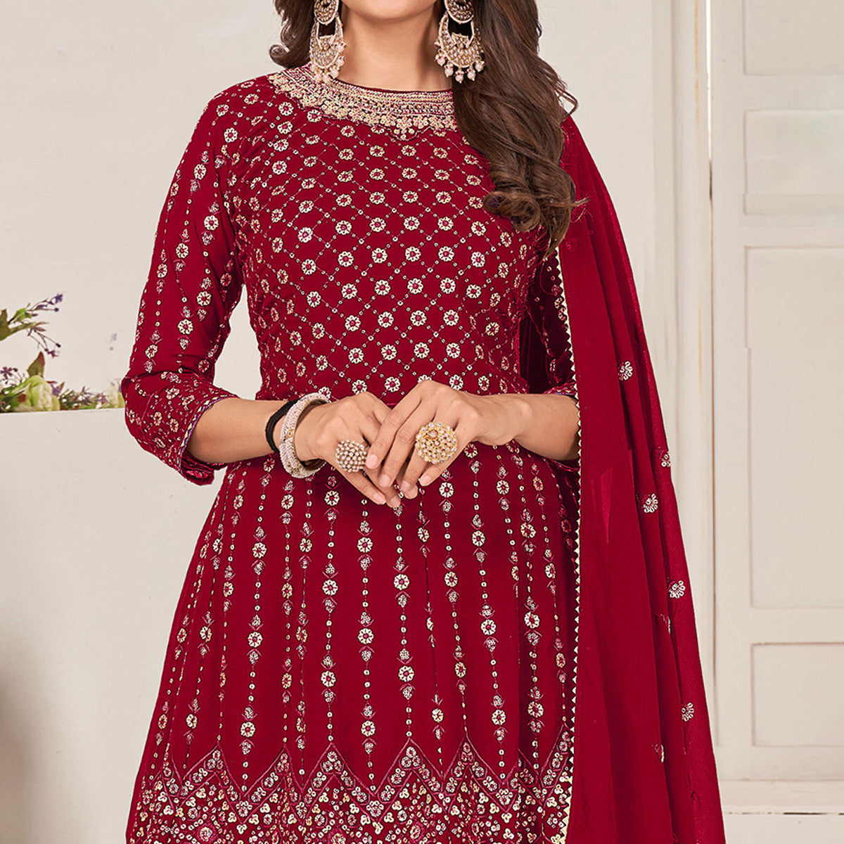 Maroon Sequins Embroidered Georgette Sharara Suit