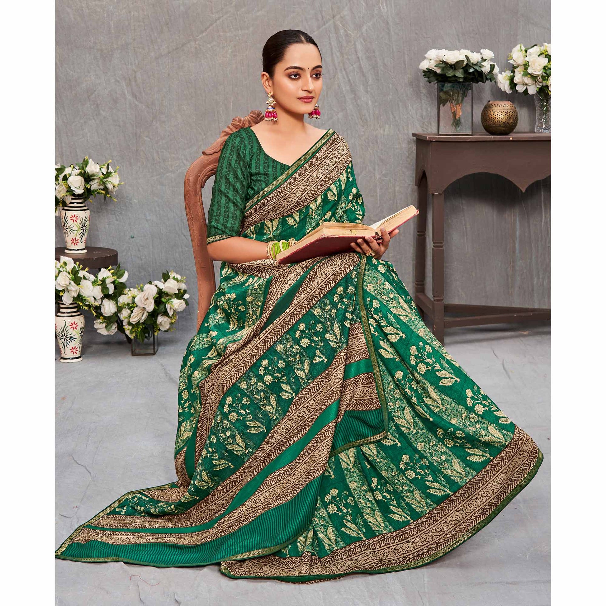 green-floral-printed-tussar-silk-saree