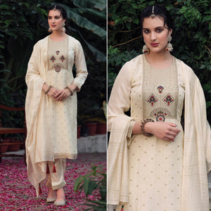 Cream Floral Woven Muslin Salwar Suit