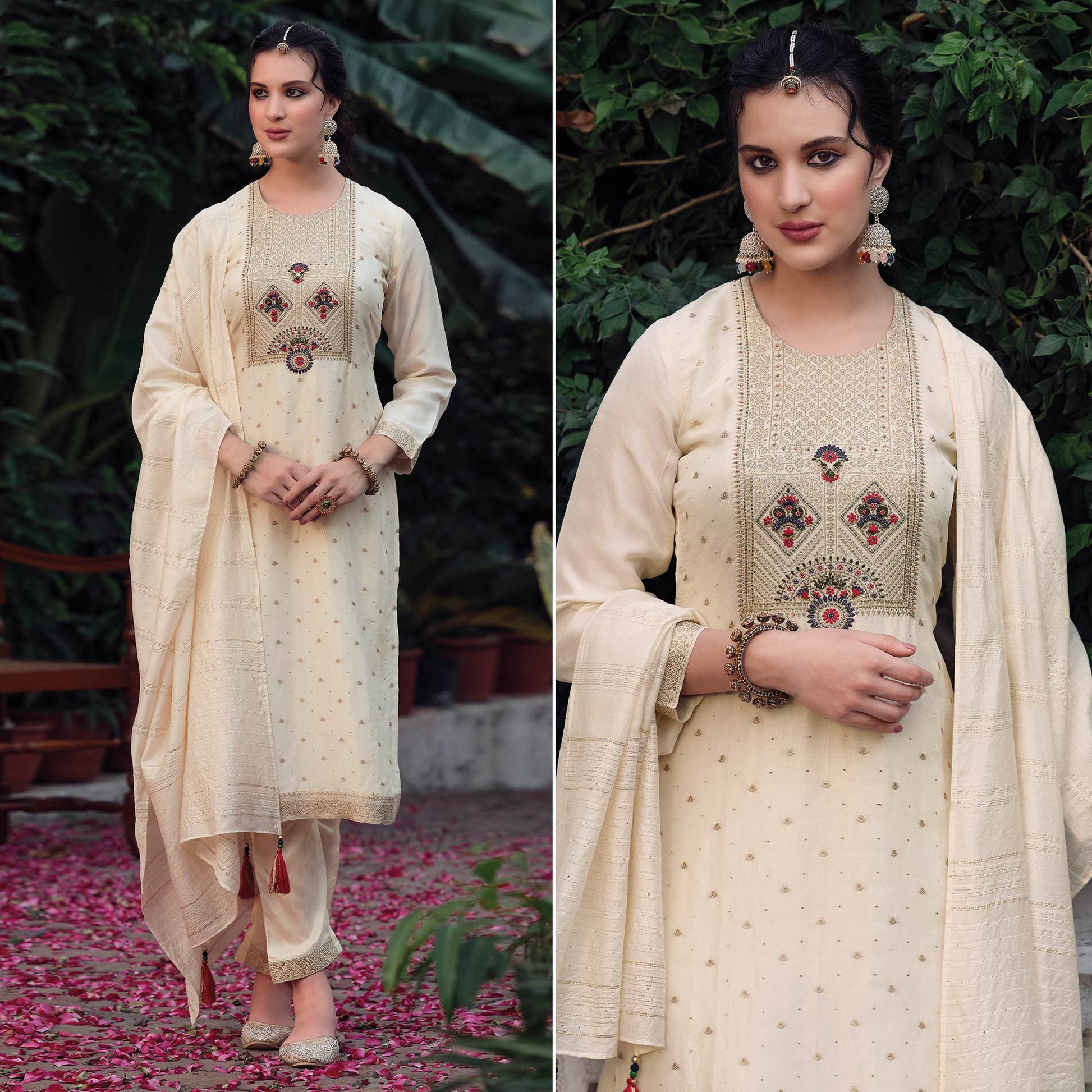 Cream Floral Woven Muslin Salwar Suit