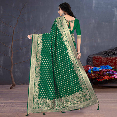 Bottle Green Woven Art Silk Saree With Tassels