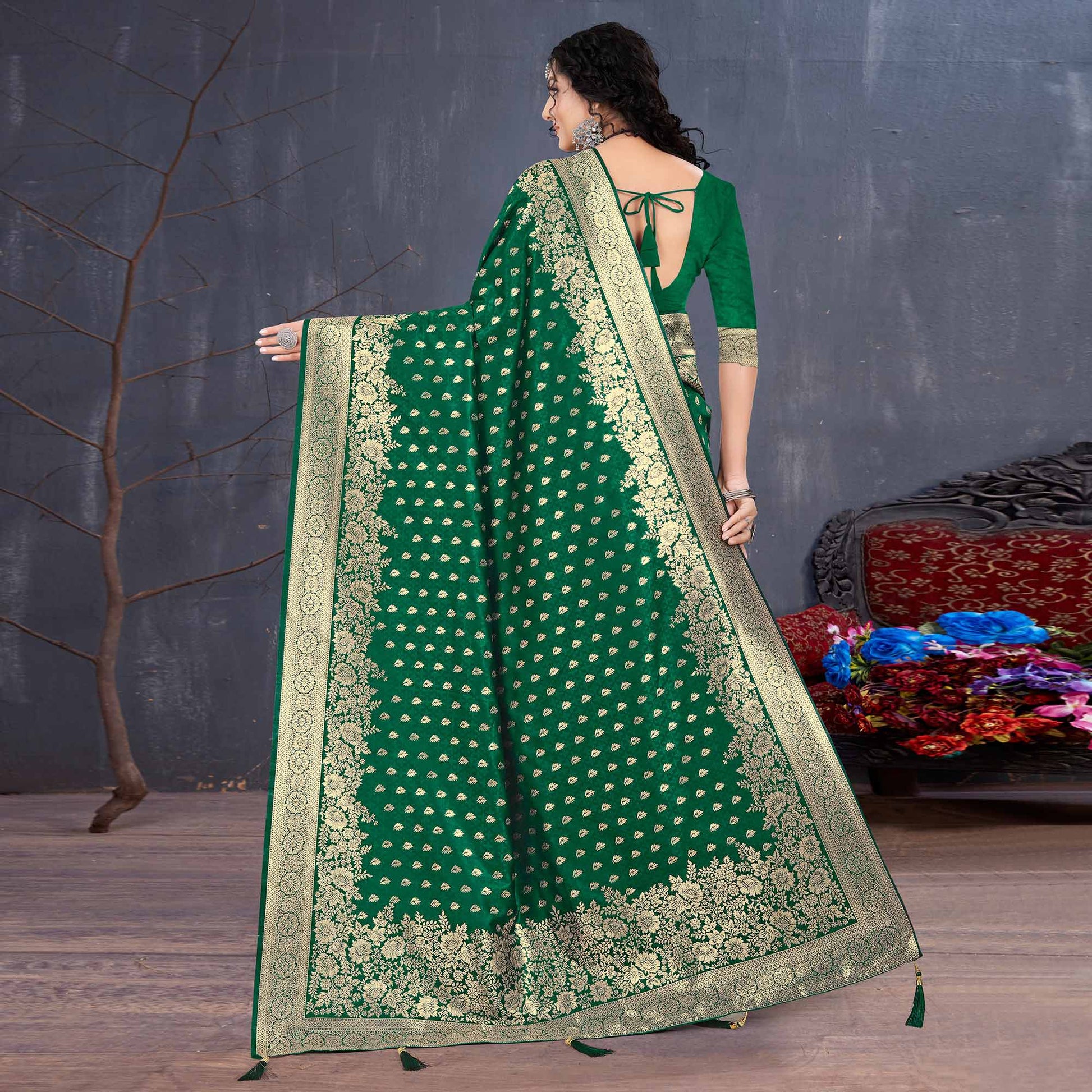Bottle Green Woven Art Silk Saree With Tassels