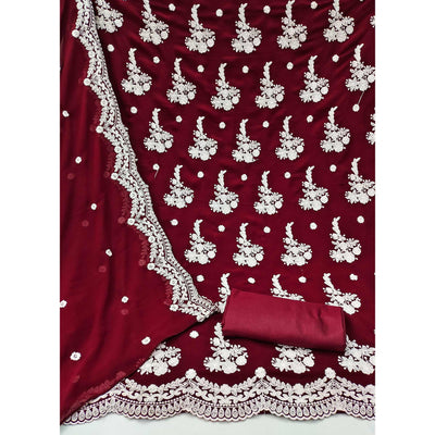 Maroon Floral Embroidered Georgette Dress Material