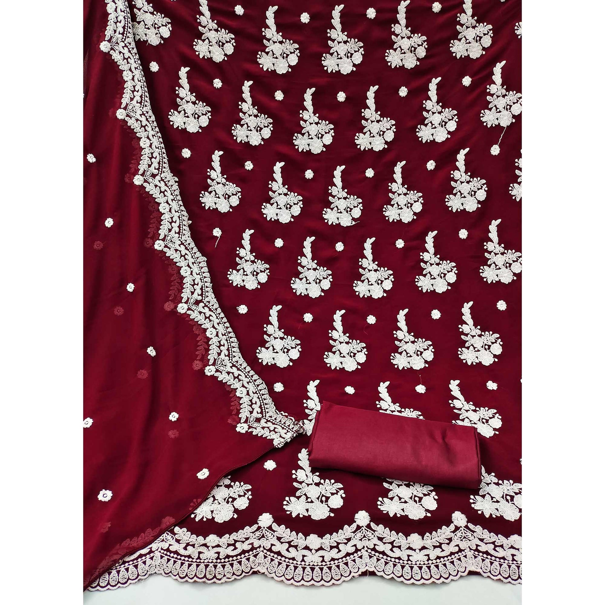Maroon Floral Embroidered Georgette Dress Material