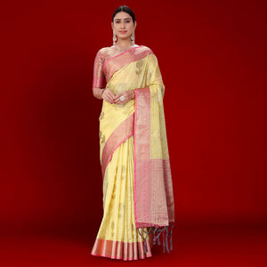 Lemon Yellow Floral Woven Organza Saree With Tassels