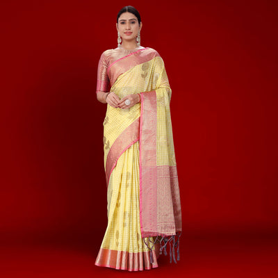 Lemon Yellow Floral Woven Organza Saree With Tassels