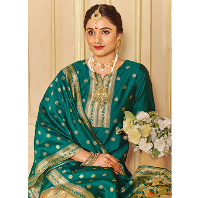 green-floral-woven-tapetta-silk-salwar-suit