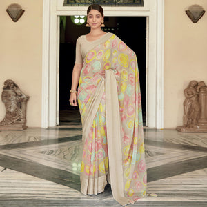 Mulitcolor Printed Georgette Saree With Checks Border