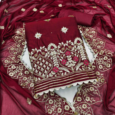 Maroon Floral Embroidered Modal Dress Material