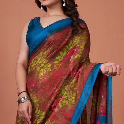 Brown Printed Jute Saree With Tassels