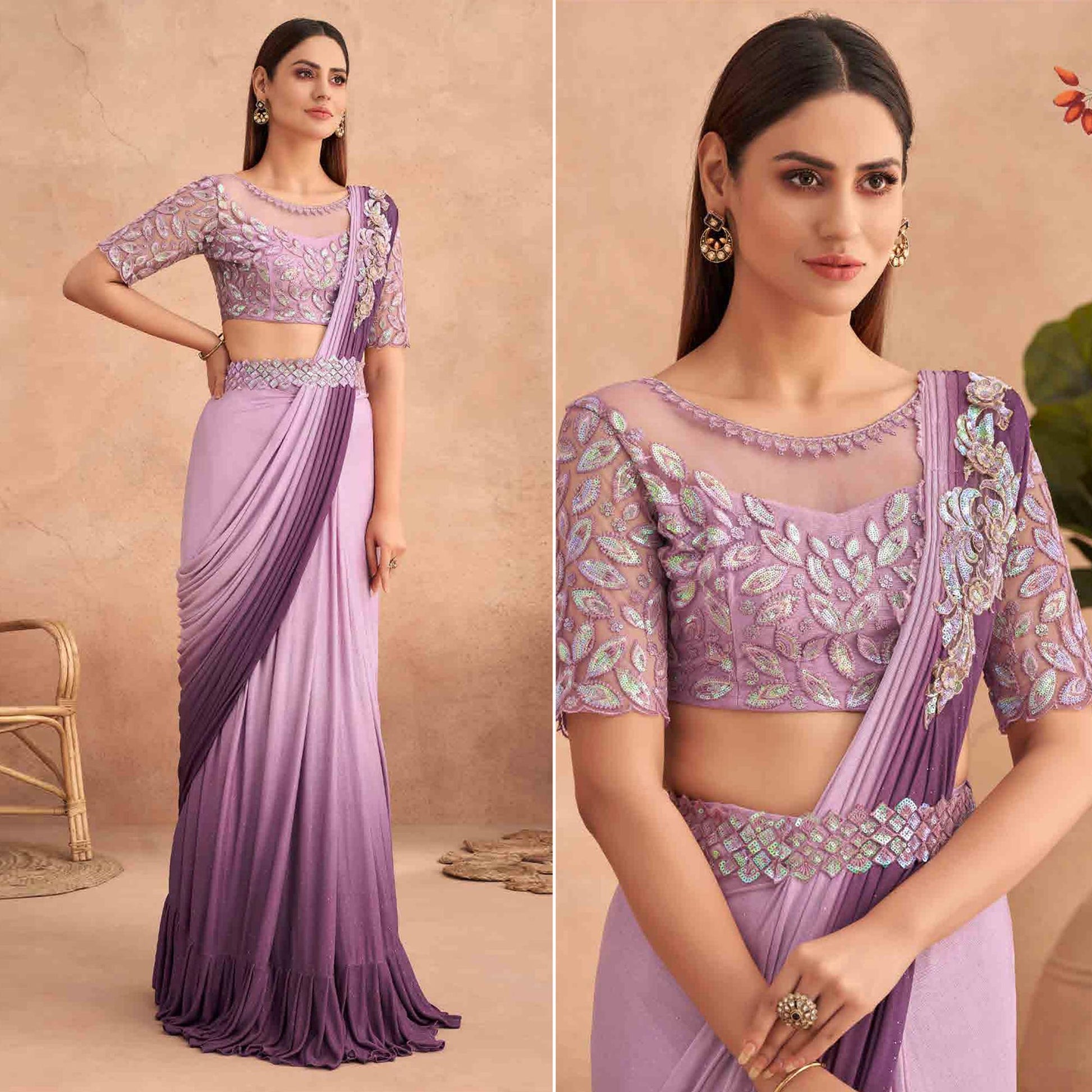 Lavender & Purple Sequins Embroidered Ready to Wear Lycra Saree