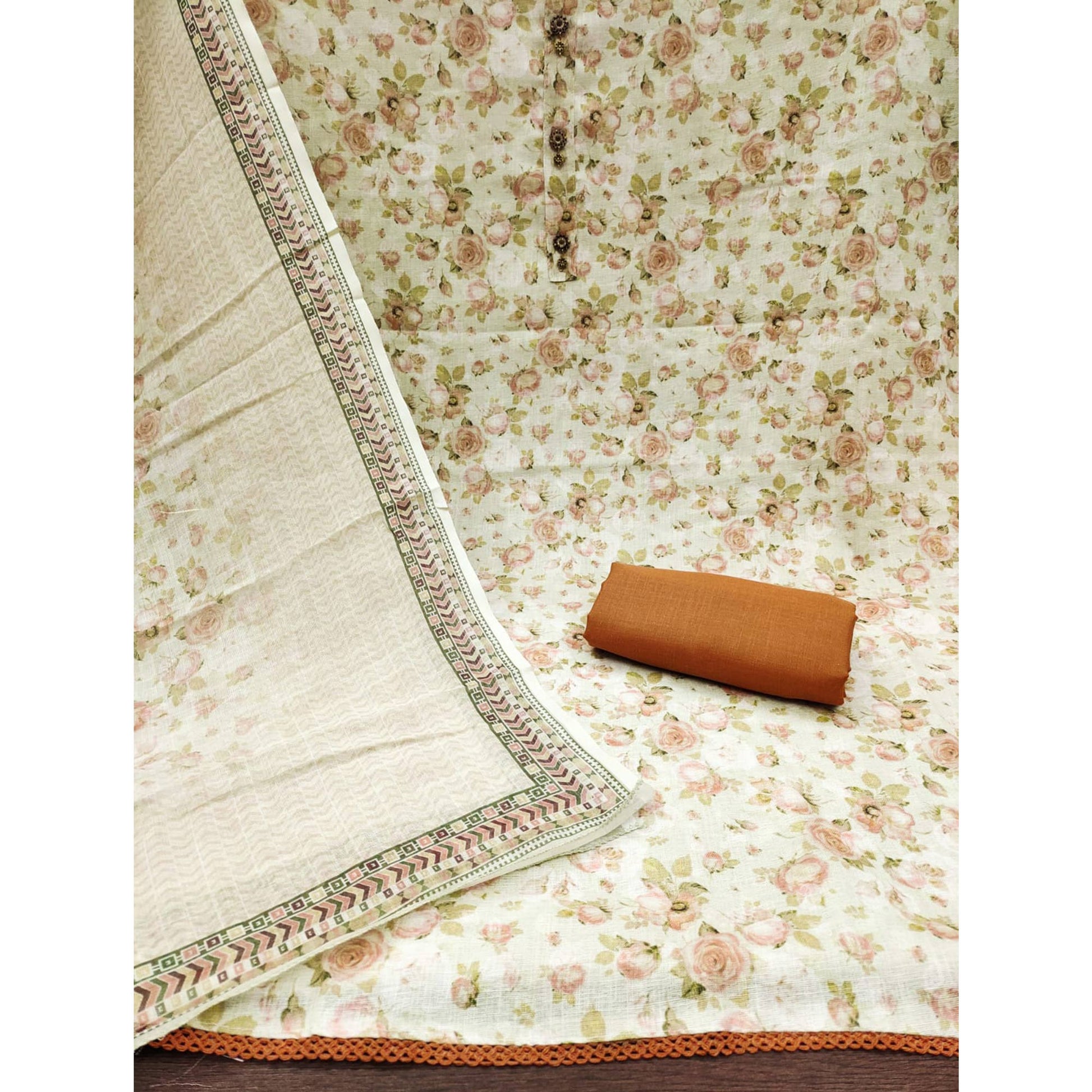Cream Floral Digital Printed Cotton Dress Material