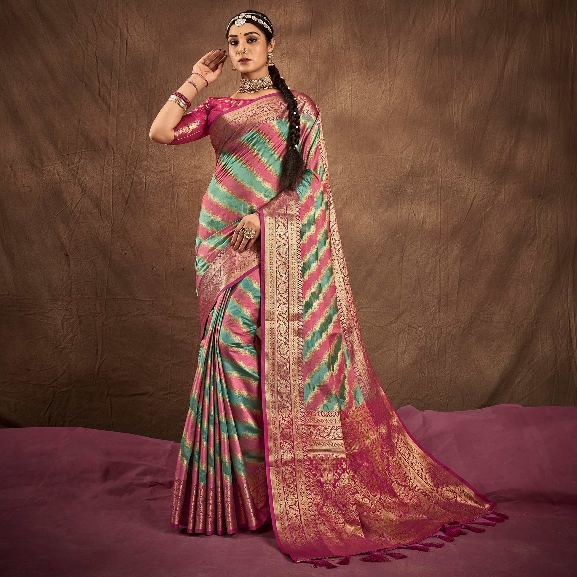 green-pink-woven-art-silk-saree