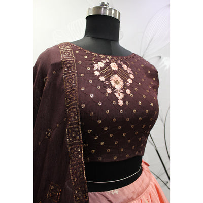 Coffee & Peach Foil Printed Chiffon Lehenga Choli