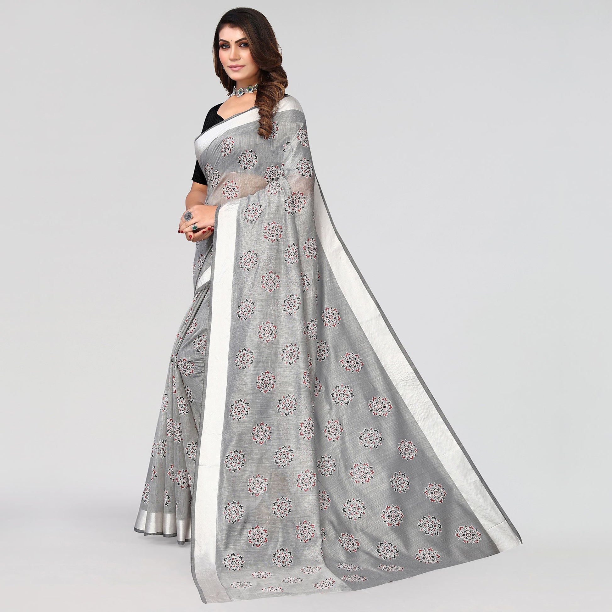 grey-floral-printed-poly-cotton-saree