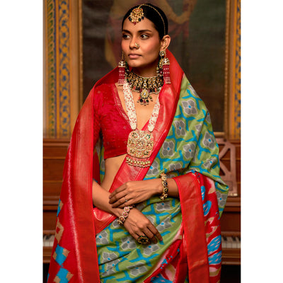 green-red-printed-art-silk-saree