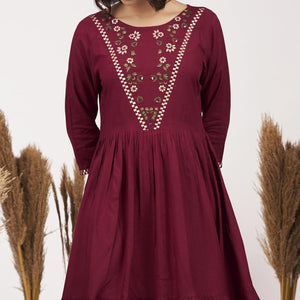 Maroon Floral Embroidered Rayon Short Dress
