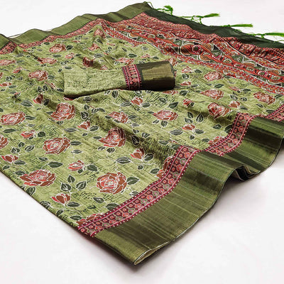 green-floral-printed-matka-tussar-saree-with-tassels