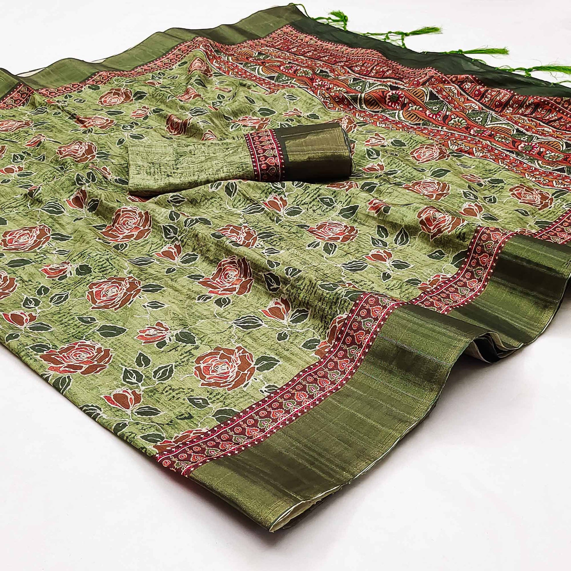 green-floral-printed-matka-tussar-saree-with-tassels