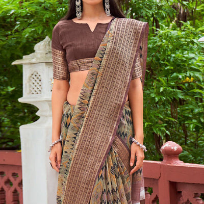 Grey Printed With Woven Border Raw Silk Saree