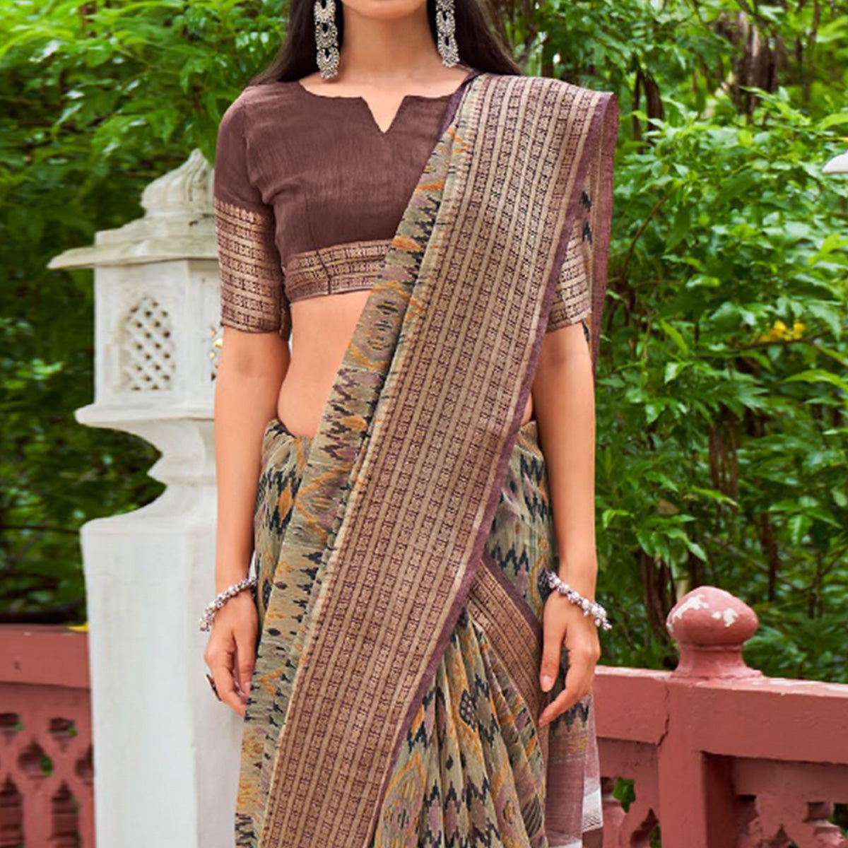 Grey Printed With Woven Border Raw Silk Saree