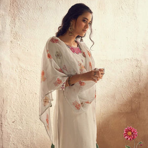 Cream Floral Embroidered Viscose Suit